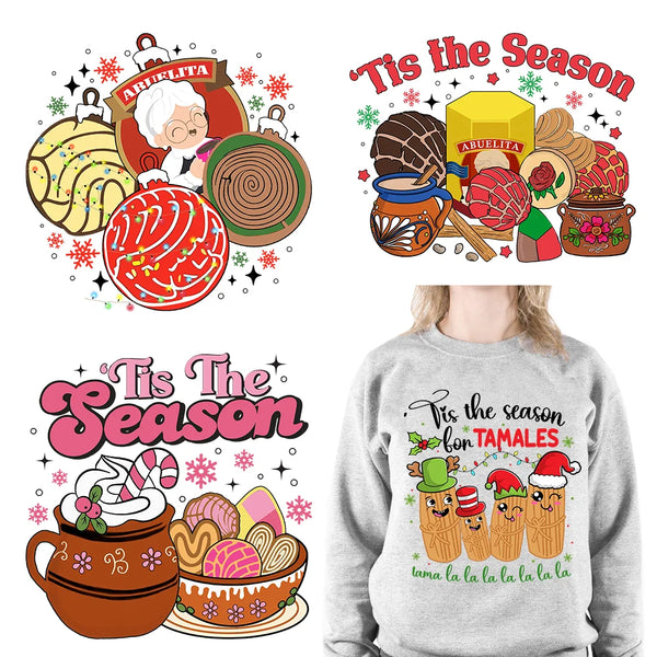 Latin Mexican Culture Cold Peel Patches Iron On Tis The Season Abuelita Conchita Pan Dulce DTF Transfer Sticker For Clothing Bag