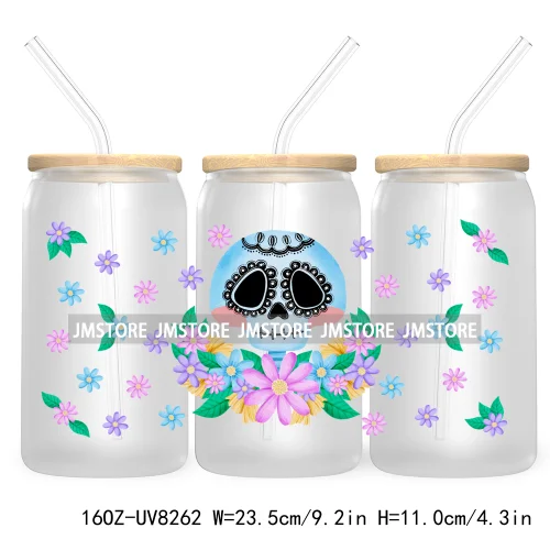 Mexican Butterfly Flowers 16OZ UV DTF Cup Wrap Transfer Sticker Custom Label Waterproof Logo For Libbey Glass Can Latina Culture