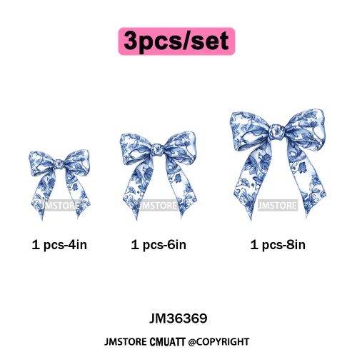 Blue And White Toile Chinoiserie Floral Coquette Bow Thermal Decals Iron on DTF Transfers Stickers Ready to Press for Clothing