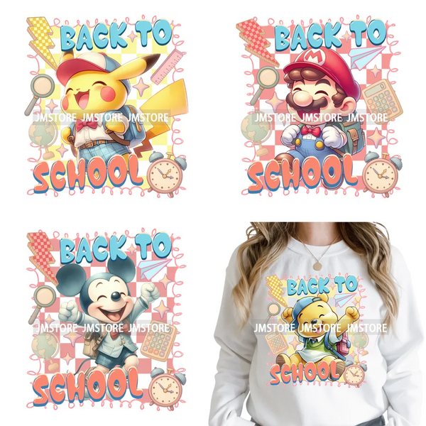 Colorful Checkered Cartoon First Day of School Design Kid Back To School Iron on DTF Transfer Sticker Ready to Press for Clothes