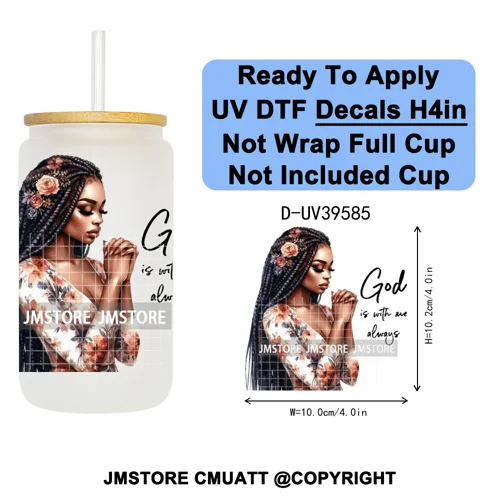 Fashion Girl Praying Black Women UV DTF Decals Ready To Apply Waterproof Transfer Stickers DIY Crafts For 16OZ Libbey Glass Can