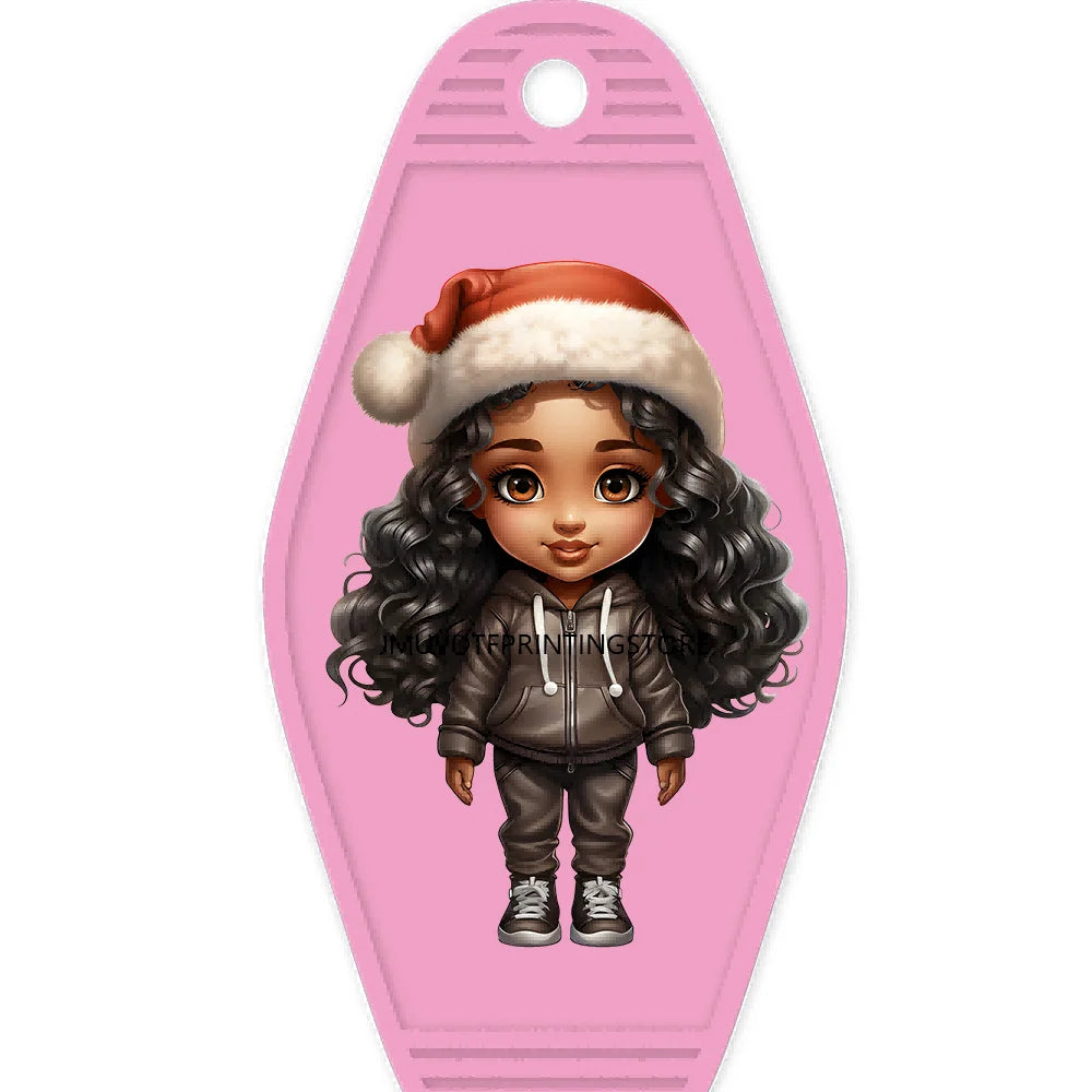 Merry Christmas Little Girls With Santa Hat High Quality WaterProof UV DTF Sticker For Motel Hotel Keychain