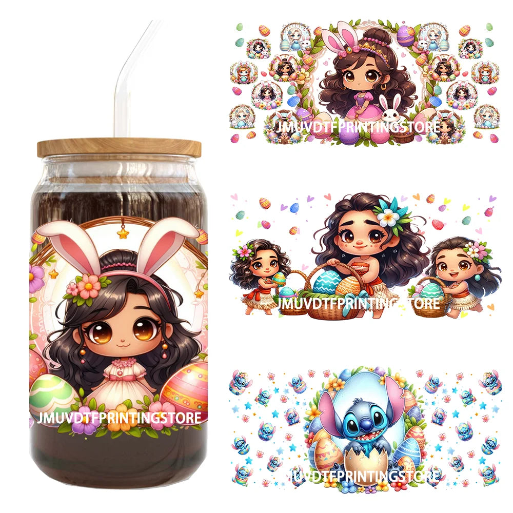 Cute Cartoon Girl With Egg UV DTF Sticker For 16OZ Libbey Glass Cup Can Wrap Transfer Sticker Custom Print DIY Logo Easter Vibes