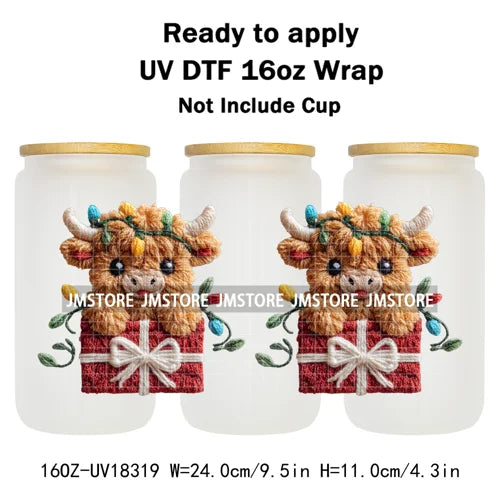 Faux Crochet Yarn Christmas Highland Cow 16OZ UV DTF Cup Wraps Ready To Apply Waterproof Transfer Stickers For Libbey Glass Can