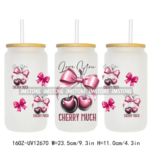 Iced Coffee Girly Pink Cherry Coquette Bow UV DTF Sticker For 16OZ Libbey Glass Cup Can Wrap Transfer Stickers Custom Labels