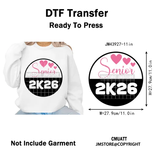 College Mega Senior 2K26 Coquette Class of 2026 Iron on Washable DTF Heat Transfers Stickers Ready to Press for Textiles Bags