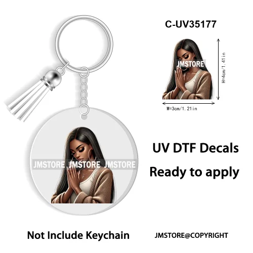 Christian Jesus God Pray Afro Girl UV DTF Decal Round Keychain Ready To Apply WaterProof Transfer Stickers For Circle Keychain
