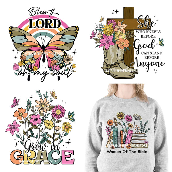 Christian Flowers Jesus Bible Bless The Lord Of My Soul God Says You Are Grow In Grace Designs DTF Transfers Stickers For Hoodies