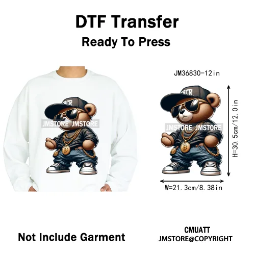 12in Hip Hop Vibes Urban Style Rich Bear With Gold Chains King Animal Iron on DTF Transfers Stickers Ready to Press for Textile