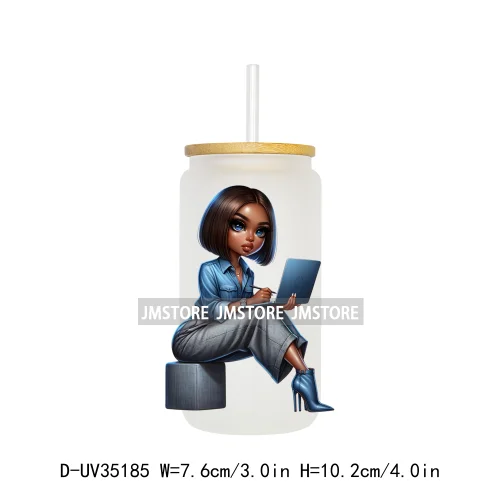 Fashion Black Chibi Denim Girl UV DTF Transfer Stickers Decals Ready To Apply Waterproof For 16OZ Libbey Glass Can Cup Tumbler
