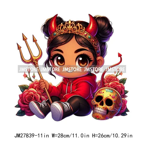 Chibi Cute Halloween Devil Latina Baby Hispanic Girls Skull Red Rose DTF Iron On Transfer Stickers Ready To Press For Sweatshirt