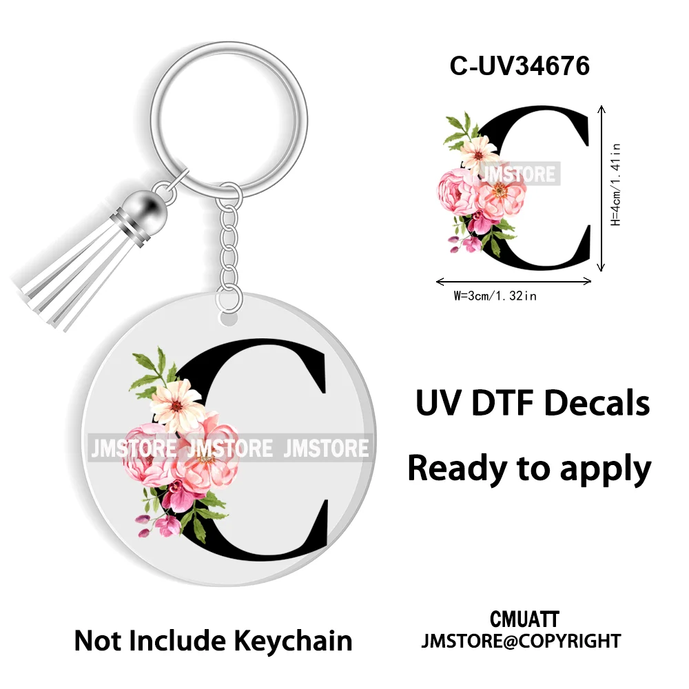 Floral Whole Entire Alphabet Flowers Black Letters Monogram WaterProof UV DTF Stickers For Round Circle Acrylic Keychain Keyring