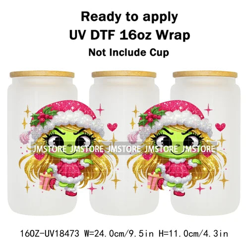 Faux Glitter Christmas Girl Green Guy UV DTF Stickers Ready To Apply Cup Wrap Custom Labels DIY Craft For Libbey Glass Can Mugs