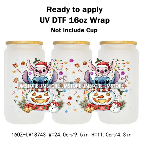 Cartoon Character Snowman Christmas 16OZ UV DTF Cup Wraps Ready To Apply Waterproof Transfer Sticker For Libbey Glass Can Bottle