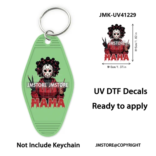 Horror Character Mama Coffee Lover UV DTF Motel Keychain Decal Ready To Ship Durable Transfer Stickers Prints For Hotel Keychain