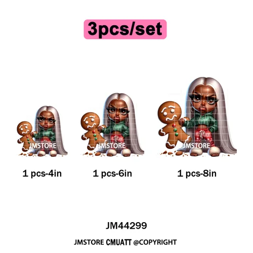 Sassy Black Girl Santa Christmas Bright Gingerbread Iron on Washable DTF Heat Transfers Stickers Ready to Press for Sweatshirts
