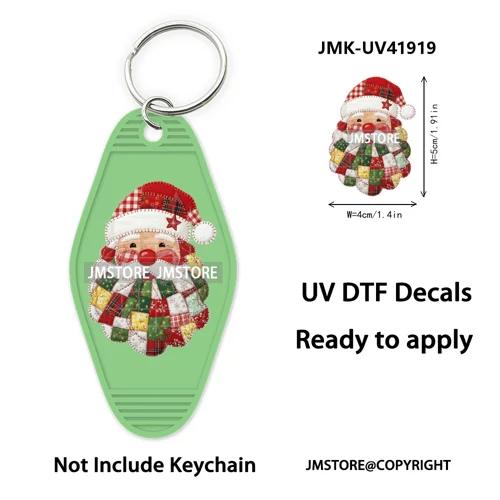 Holly Jolly Christmas Patchwork Santa UV DTF Motel Keychain Decal Ready To Ship Durable Transfer Stickers For Hotel Keychain