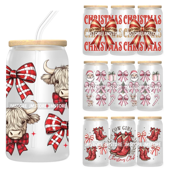 Christmas Highland Cow Coquette Bow 16OZ UV DTF Cup Wrap Waterproof Transfer Stickers For Libbey Glass Can Christmas Gingerbread