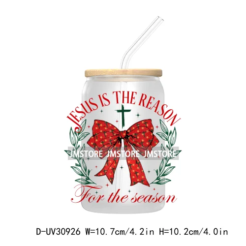 Jesus Is The Reason Christmas Cross Bow UV DTF Transfer Stickers Decals For Libbey Cold Cups Mugs Tumbler Waterproof Bible Verse