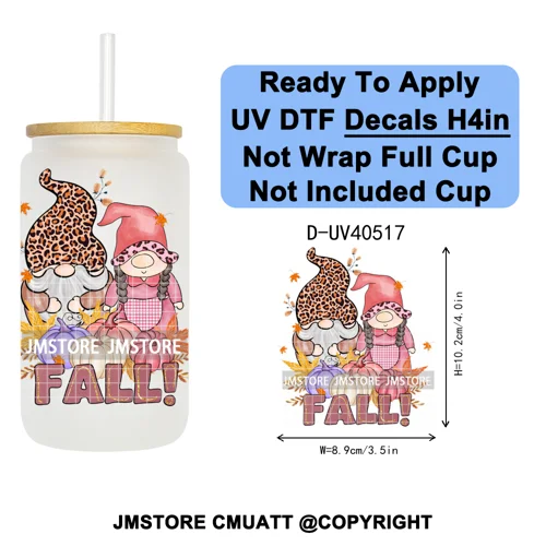 Cozy Autumn Fall Pumpkin Spice UV DTF Decals Ready To Apply Waterproof Transfer Stickers DIY Crafts For 16OZ Libbey Glass Can