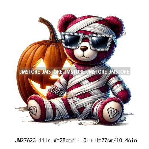 Hip Hop Halloween Pumpkin Mummy Bear Scary Vibes Printing Logos DTF Iron On Transfers Stickers Ready To Press For Sweatshirt