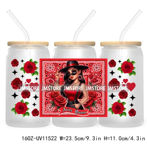 12 Zodiac Queens Chicana Mexican Girl 16OZ UV Cup Wrap DTF Transfer Stickers For Libbey Glass Can Cups Tumbler Waterproof Labels