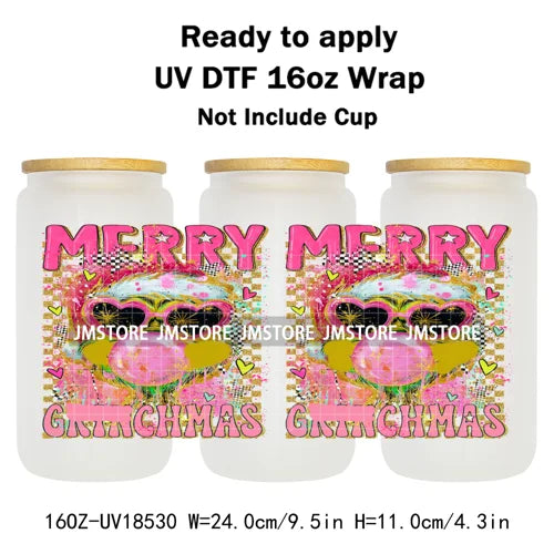 Coquette Bow Christmas Green Character UV DTF Stickers Ready To Apply Cup Wrap Custom Labels DIY Craft For Libbey Glass Can Mugs