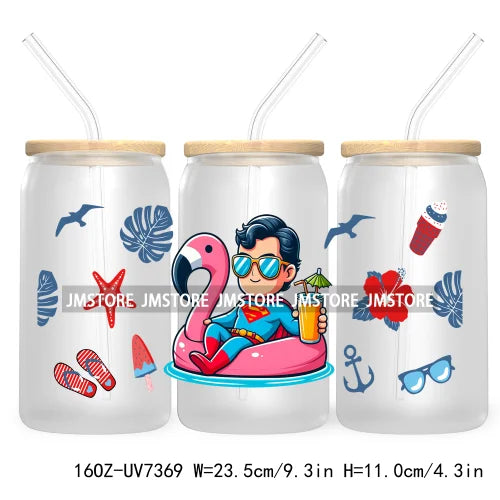 Hero Cartoon Summer Vacation 16OZ UV DTF Cup Wrap Transfers Stickers Custom Labels Durable Waterproof Logo For Libbey Glass Can