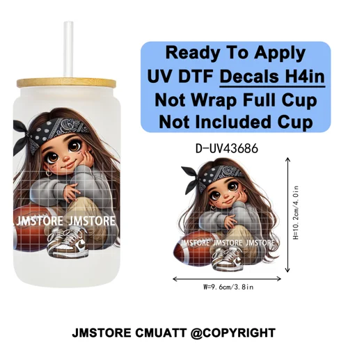 Cute Latina Baby Girl American Football UV DTF Cup Decals Ready To Apply Transfer Stickers Durable For Libbey Glass Can Tumbler
