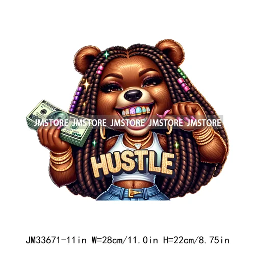 Girl Grillz Hustle Hip Pop Bear Money Quotes Sayings Washable Decals Iron On DTF Transfers Stickers Ready To Press For Clothing