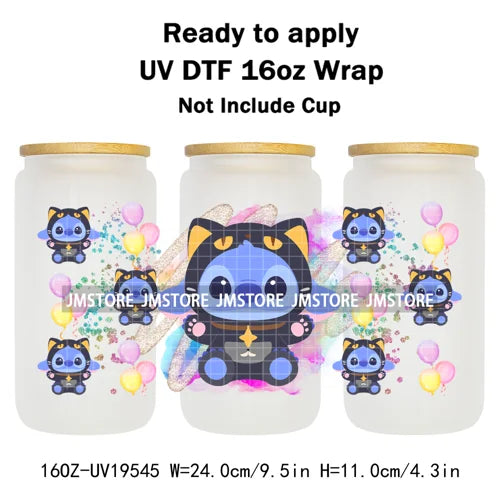 Watercolor Cartoon Character In Costumes UV DTF Wraps Ready To Apply Transfer Stickers Waterproof For 16OZ Libbey Glass Can Mugs