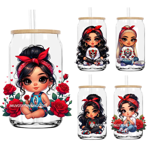 Chibi Cute Chicana Doll With Rose UV DTF Transfers Stickers Decals For Libbey Cold Cups Mugs Tumbler Mexico Waterproof DIY Logo