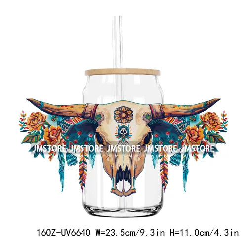 Boho Western Country Cowboy Skull Vibes UV DTF Sticker For 16OZ Libbey Glass Cup Can Wrap Transfer Sticker Custom Label DIY Logo