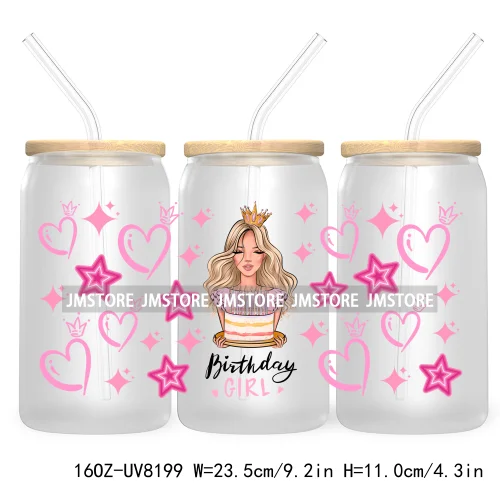 Pink Birthday Girl Queen 16OZ UV DTF Cup Wrap Transfer Stickers Custom Labels DIY Durable Waterproof Logo For Libbey Glass Can