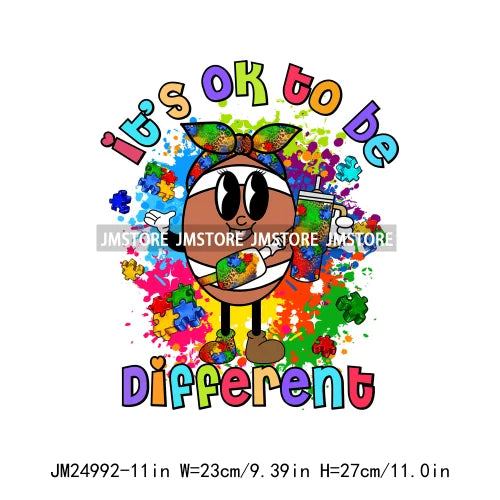 Colorful Autism Awareness Printing It's Okay To Be Different Iron On Heat Press DTF Transfer Stickers Ready To Press For Clothes