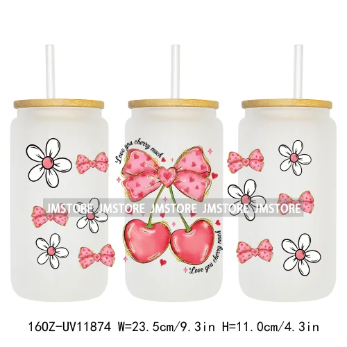 Coquette Bow Pencil 16OZ UV Cup Wrap DTF Transfer Stickers For Libbey Glass Can Cups Tumbler Cherry Heart Love Valentines Day