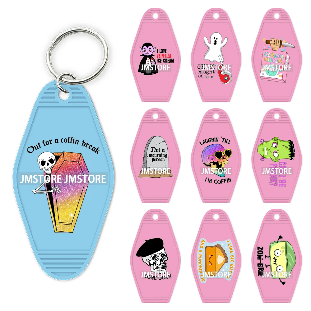 Funny Halloween Skull Skeleton Ghosts UV DTF Motel Keychain Wraps Ready To Apply Waterproof High Quality Hotel Keychain Decals