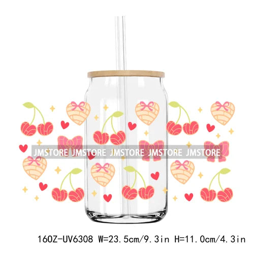 Cute Cartoon Cat Strawberry 16OZ UV DTF Cup Wrap Transfers Stickers Custom Labels Durable Waterproof Logo For Libbey Glass Can