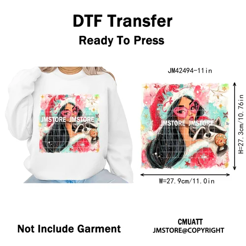 Glasses Cartoon Princess Animal Christmas Brushstroke Festive Vibes Iron on DTF Transfers Stickers Ready to Press for Hoodies