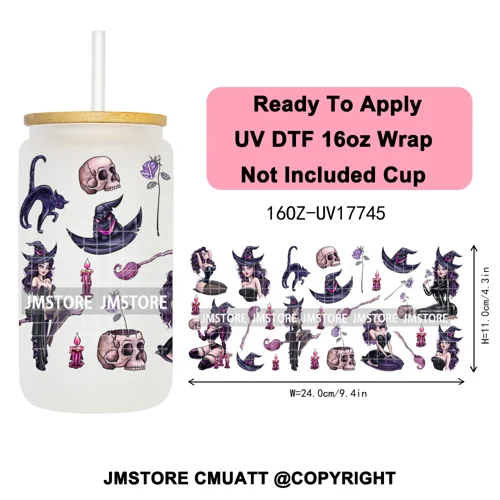 Horro Killer Witch Halloween UV DTF Cup Wrap Ready To Apply Transfer Stickers Waterproof 16OZ Tumbler Wraps For Libbey Glass Can