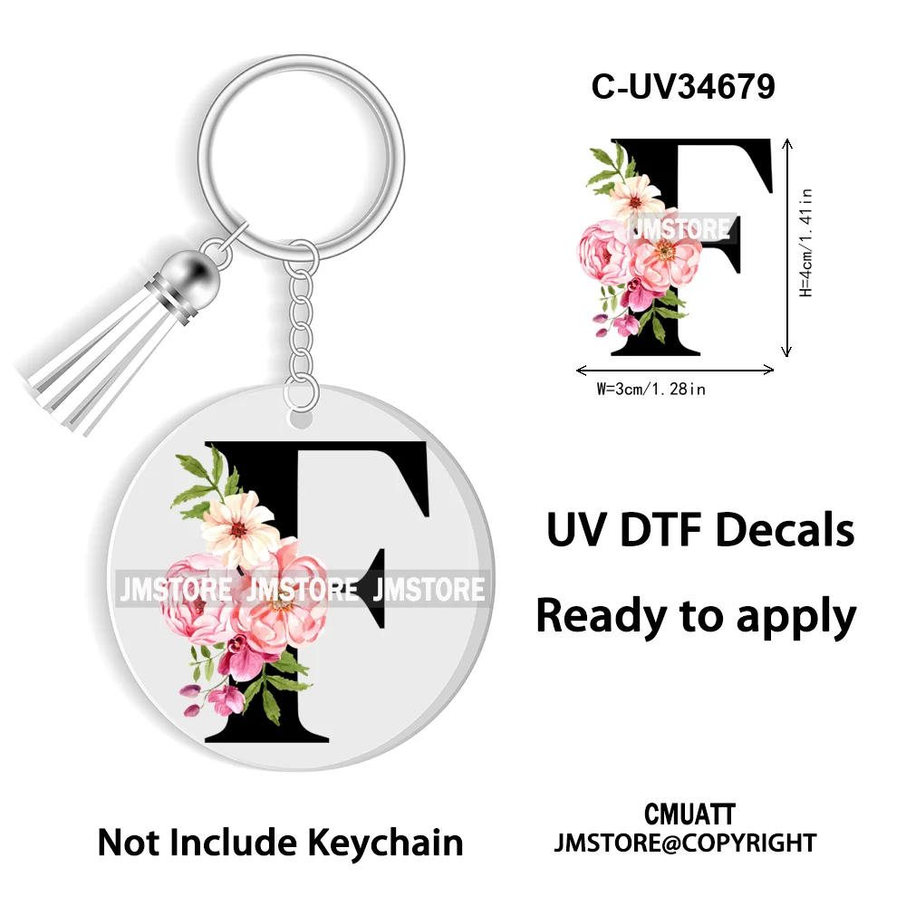 Floral Whole Entire Alphabet Flowers Black Letters Monogram WaterProof UV DTF Stickers For Round Circle Acrylic Keychain Keyring