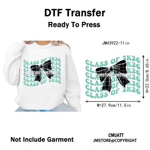 College Mega Senior 2K26 Coquette Class of 2026 Iron on Washable DTF Heat Transfers Stickers Ready to Press for Textiles Bags