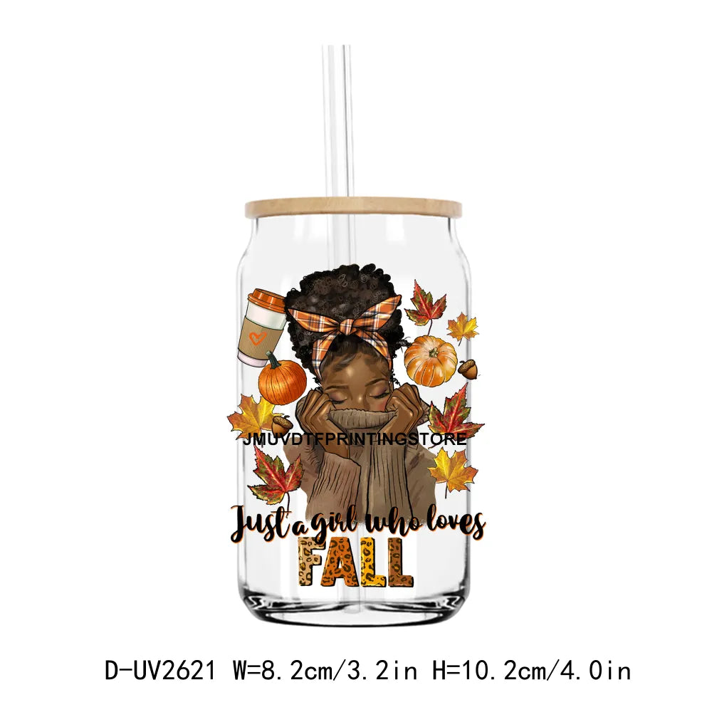 Just A Girl Who Love Fall Afro Black Girl UV DTF Transfer Stickers Decals For Libbey Cold Cups Mugs Tumbler Waterproof DIY Craft