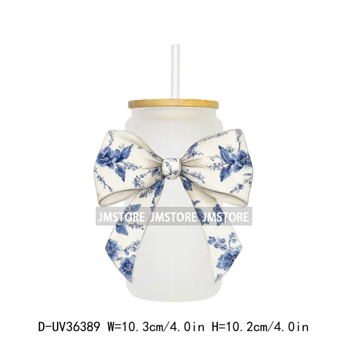 Blue Chinoiserie Coquette Bow UV Sticker Decals For Libbey Cold Cups Mug Tumbler Transfer Stickers Waterproof Top Quality Prints
