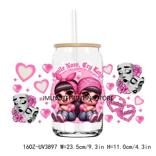 Chicano La Sad Girl Couple 16OZ UV DTF Cup Wrap Transfer Stickers Custom Labels DIY Waterproof Logo For Libbey Glass Can Hearts