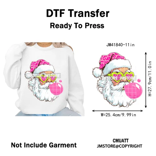 Pink Cartoon Glasses Coffee Drink Leopard Blowing Santa Claus Christmas Iron on DTF Transfer Stickers Ready to Press for T-shirt