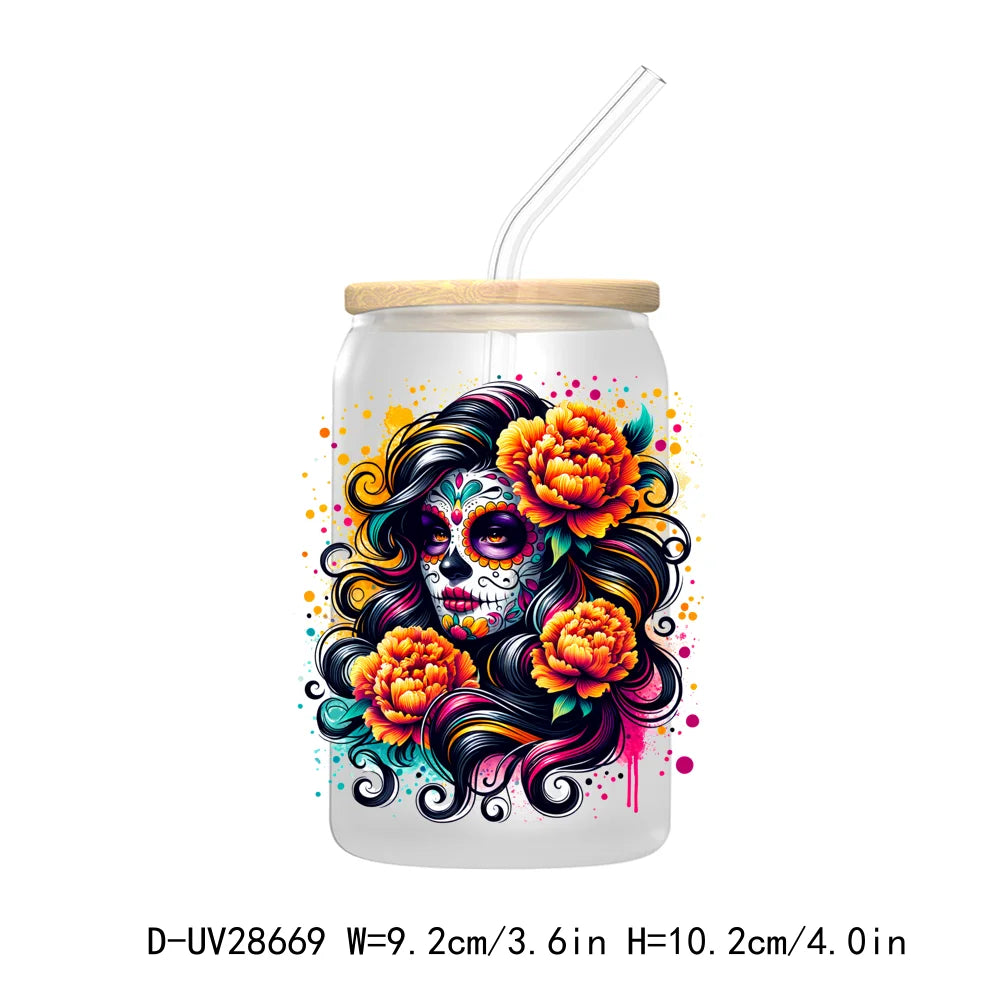 La Mexicana Latina Tarot Card UV DTF Transfer Stickers Decals For Libbey Cold Cups Mugs Tumbler Waterproof Floral Sugar Skulls