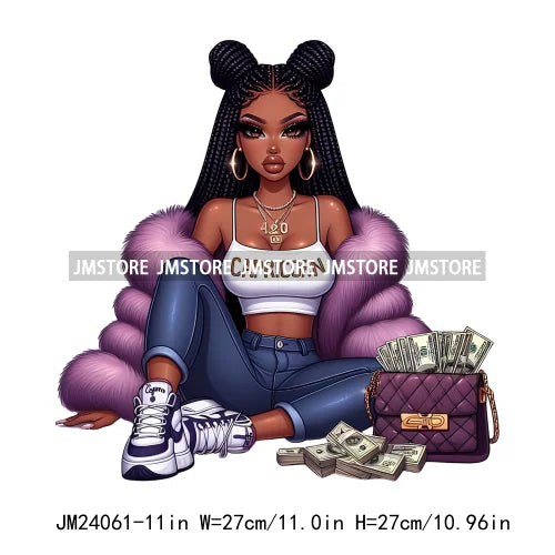 Afro Girl With Purse Money Zodiac Astrology Horoscope Urban Hip Hop Rich Black Melanin Iron On DTF Transfer Stickers For Hoodies