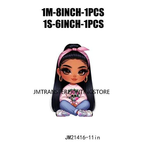 Pink Bow Long Hair Chibi Cute Chicana Doll Girls With Earing Washable Iron On DTF Transfers Stickers Designs For Sweatshirt