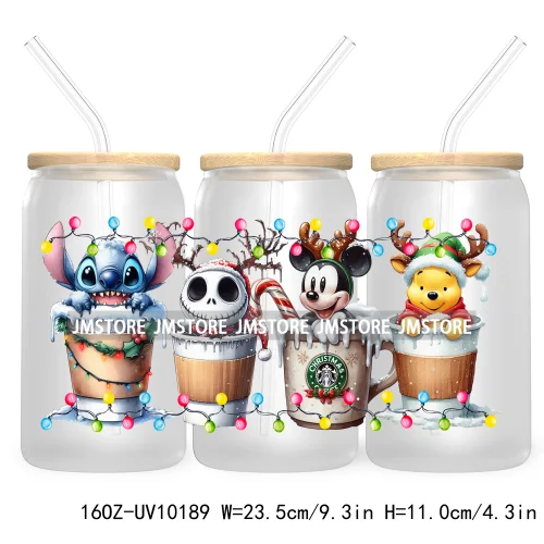 Christmas Lights Cartoon Coffee Cups 16OZ UV DTF Cup Wrap Transfer Stickers Custom Labels Waterproof Logo For Libbey Glass Can